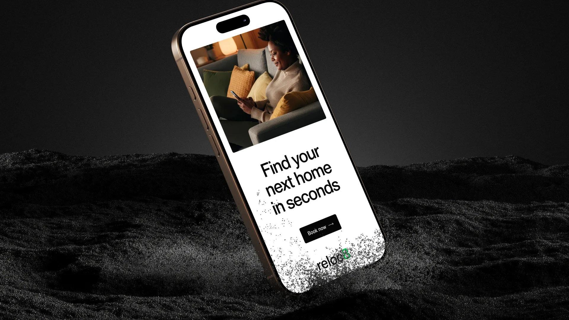 Reloc8 mobile app mockup — find your next home in seconds