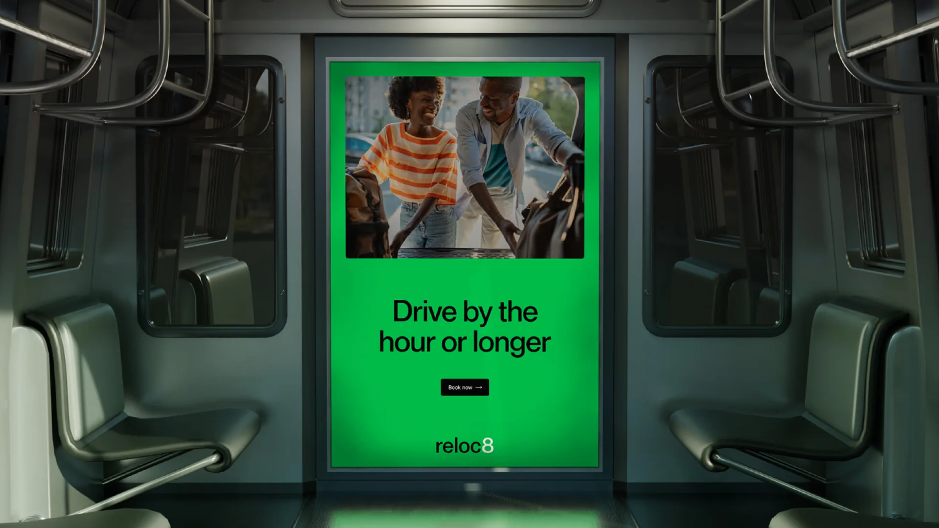 Reloc8 transit ad — drive by the hour or longer