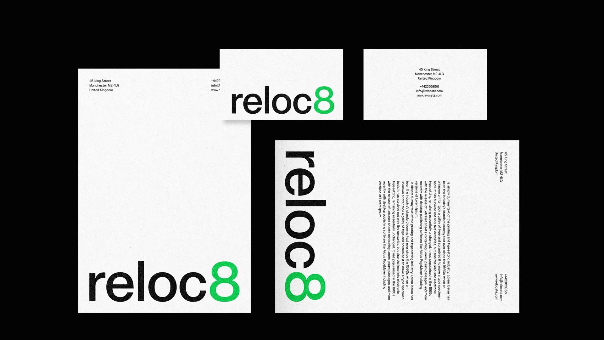 Reloc8 brand stationery design — letterhead and business cards