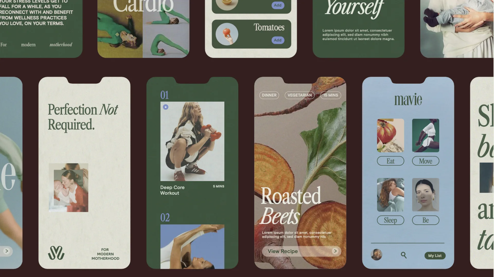 Mavie app interface screens — eat, move, sleep, be
